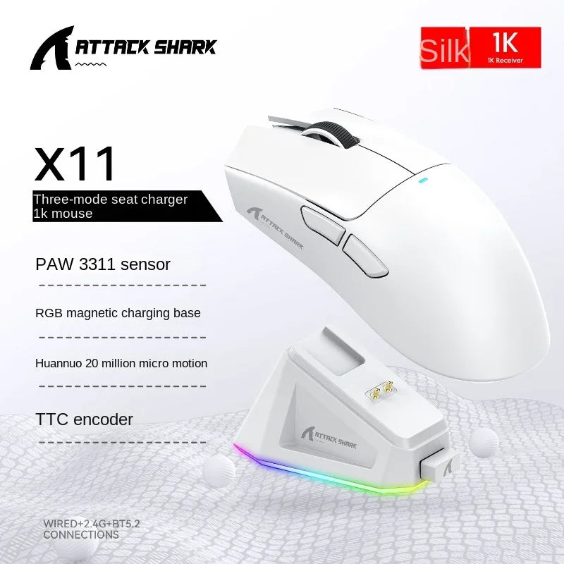 Attack Shark X11 PAW3311 White Bluetooth Mouse, Triple Mode Connectivity.