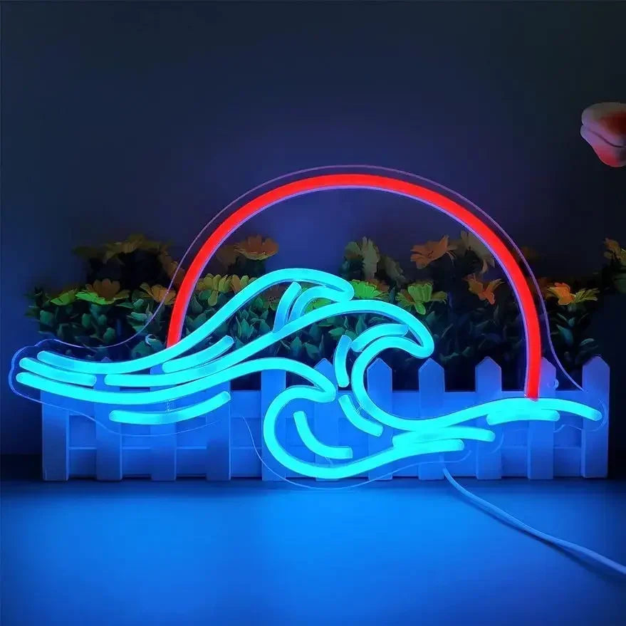 Sun with Wave Neon Sign for Wall Decor LED Neon Light Sign for Beach Room Club Hotel Home Decor Aesthetic Accessory Wall Art