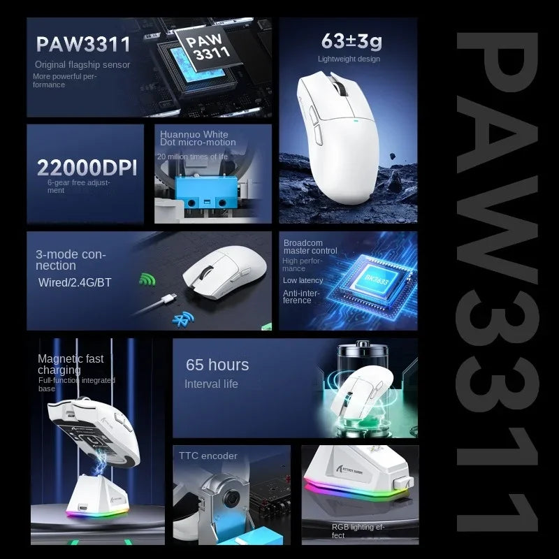 Attack Shark X11 PAW3311 White Bluetooth Mouse, Triple Mode Connectivity.