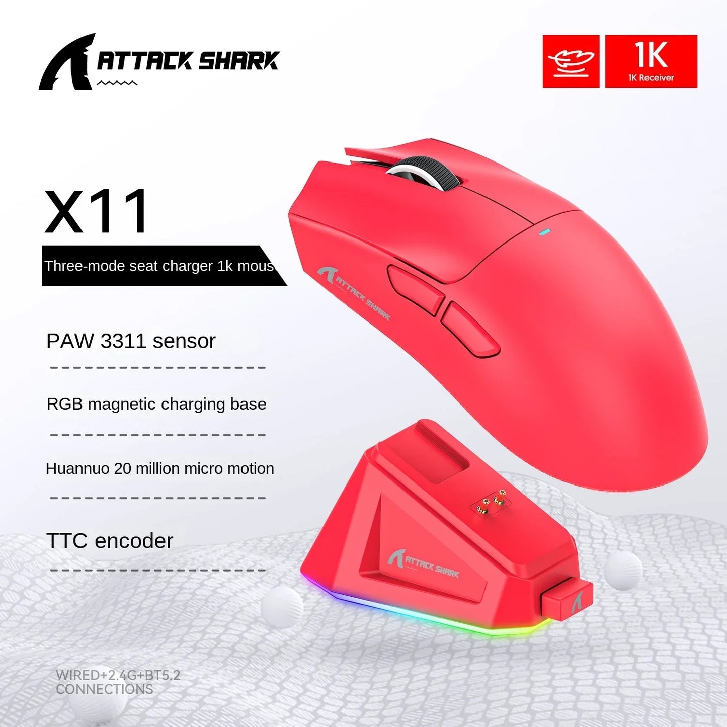 Attack Shark X11 PAW3311 White Bluetooth Mouse, Triple Mode Connectivity.