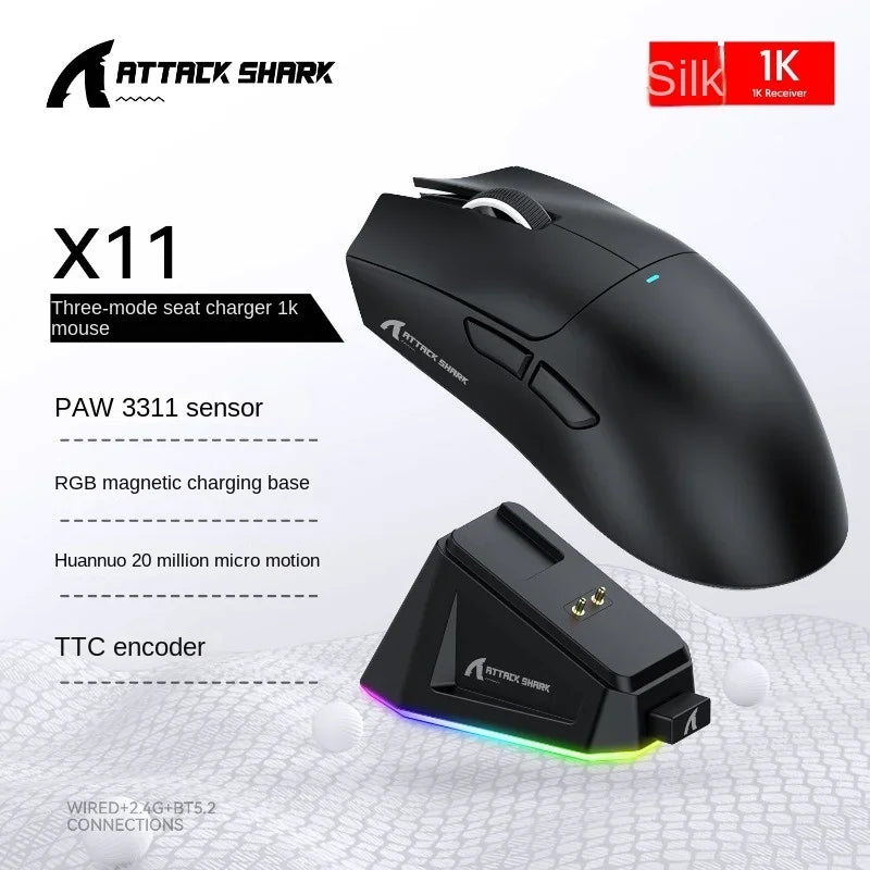 Attack Shark X11 PAW3311 White Bluetooth Mouse, Triple Mode Connectivity.